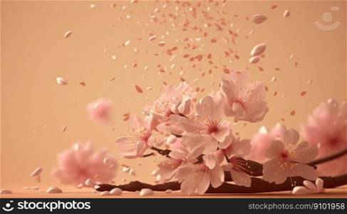 Petals of cherry blossom blown by the wind. Sakura flowers. Generative AI.. Petals of cherry blossom blown by the wind. Sakura flowers. Generative AI