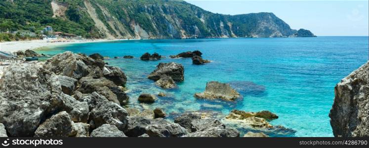 Petani Beach summer panorama (Kefalonia, Greece). All people are not recognized.