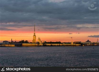 Peter and Paul Fortress in St. Petersburg at sunset, view from the Neva River