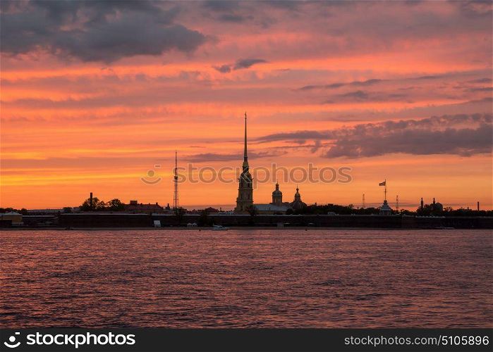 Peter and Paul Fortress in St. Petersburg at sunset, view from the Neva River