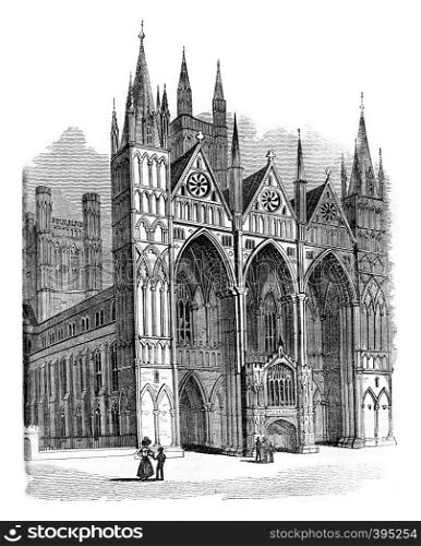 Peterborough Cathedral, vintage engraved illustration. Colorful History of England, 1837.