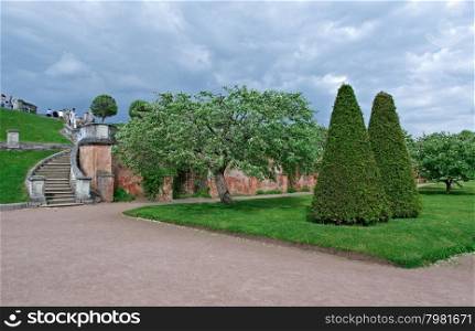 Peterhof Palace. wall of the garden of Venus in the Lower Park Saint-Petersburg, Russia- JUNE 3, 2015