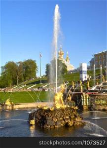 PETERHOF, RUSSIA - May, 2019: Grand Palace in Pertergof, The Samson Fountain,. PETERHOF, RUSSIA- May 2019: Grand Palace in Pertergof, The Samson Fountain,