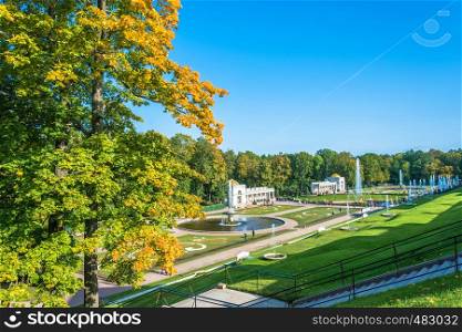 Peterhof, Russia ? September 28, 2017: the Lower Park of Peterhof in the autumn Sunny day on 28 September 2017 in Peterhof, Russia.