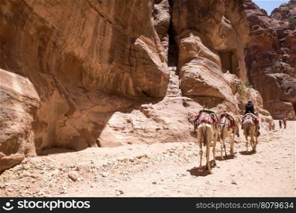 PETRA, JORDAN - APRIL 12, 2014: Unidentified people in front of Petra, Jordan.
