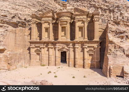 Petra, Jordan  famous facade of Ad Deir in ancient city Petra. Monastery in ancient city of Petra. The temple of Al Khazneh in Petra is one of UNESCO World Heritage Sites and one of the world wonders.