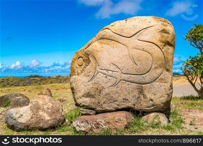Petroglyph at Orongo near Rano Kau Volcano on Easter Island or Rapa Nui in Chile
