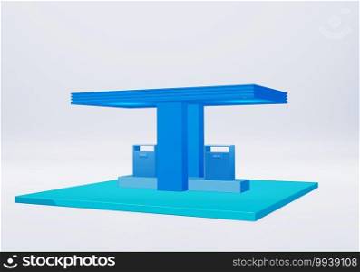 Petrol station 3d render design, refuel pump oil and gas minimal style blue color isolated on white background