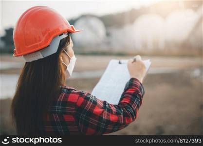 Petroleum Engineers. Happy Asian worker woman in oil chemical industry worker working visual inspection list on clipboard in plant, do Action of worker do safety checklist which is clipped