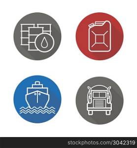 Petroleum industry flat linear long shadow icons set. Petroleum industry flat linear long shadow icons set. Petrol barrels and jerrycan, cargo ship and oil transportation lorry. Vector