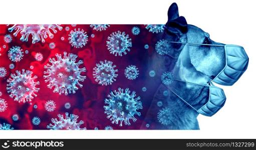 Pets and disease or Coronavirus risk for cat and dog wearing a surgical mask to protect from virus infection or veterinarian pet hygiene health care symbol with 3D illustration elements.