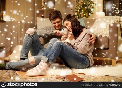 pets, christmas and people concept - happy couple with cat at home over snow. happy couple with cat at home