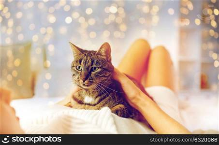 pets, comfort, christmas, winter and people concept - happy young woman with cat lying in bed at home. happy young woman with cat lying in bed at home