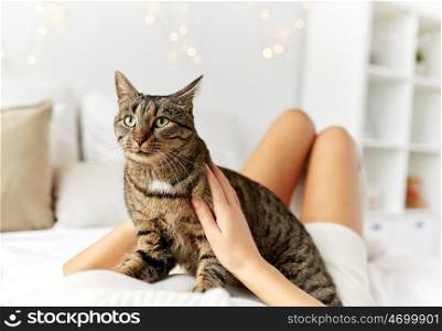 pets, comfort, christmas, winter and people concept - young woman with cat lying in bed at home