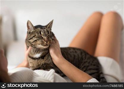 pets, comfort, rest and people concept - happy young woman with cat lying in bed at home. happy young woman with cat lying in bed at home