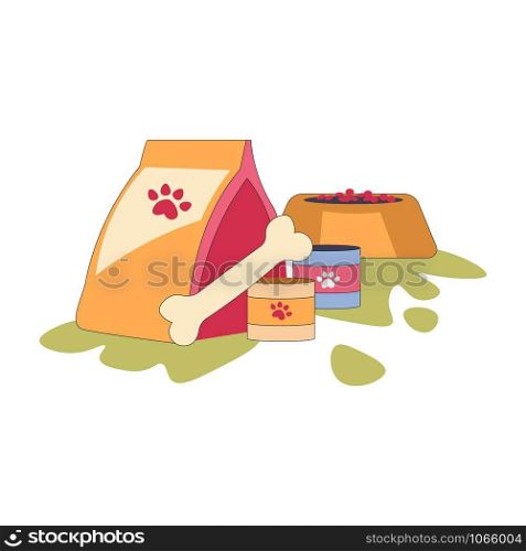 Pets food bowl pack and bone canned meal isolated icon dogs and cats dish dry nutrition health domestic animal feeding items in containers veterinary care objects meat flavor and taste vector.. Pets food bowl pack and bone canned meal isolated icon