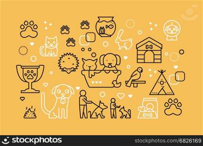 Pets line icons illustration. Design in modern style with related icons ornament concept forwebsite, app, web banner.