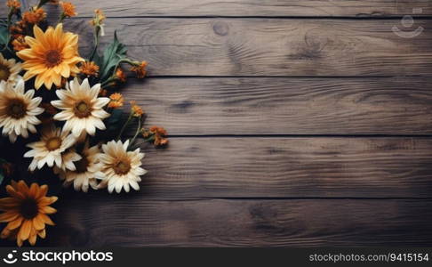 Petunia flowers on wooden background. Top view. Copy space.