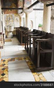 Pews in a church, Monastery of St. John the Divine, Patmos, Dodecanese Islands, Greece