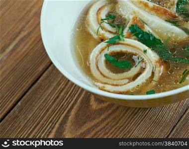 Pfannkuchensuppe - southern German dish from the region of Schwaben, made from savoury pancakes.