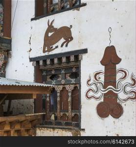 Phallus painting on wall, Sopsokha Village, Punakha, Bhutan