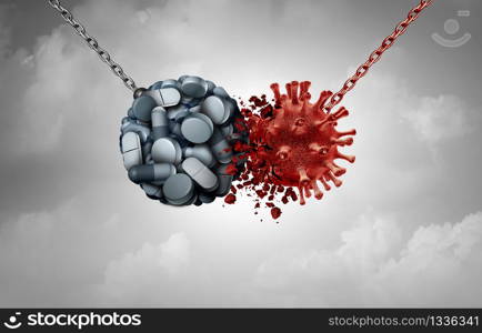 Pharmaceutical cure and virus treatment or disease vaccine for a viral infection or coronavirus outbreak treatment with prescription drugs as a 3D illustration elements.