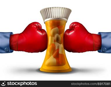 Pharmaceutical pressure and mealth insurance stress concept as boxing gloves squeezing a prescription drug bottle or vitamin container with 3D render elements.