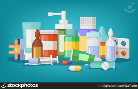 Pharmaceutical vector illustration of medical bottles and pills. Medical cure and cartoon medicament and vitamin. Pharmaceutical vector illustration of medical bottles and pills