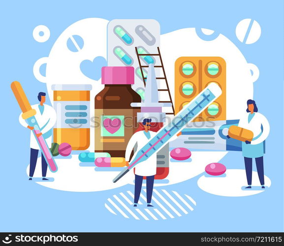 Pharmacological concept. Pills with tiny doctors and pharmacists. Medication, treatment with tablets and healthcare vector chemist products and medicine pharmaceutical work background. Pharmacological concept. Pills with tiny doctors and pharmacists. Medication, treatment with tablets and healthcare vector background