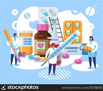 Pharmacological concept. Pills with tiny doctors and pharmacists. Medication, treatment with tablets and healthcare vector chemist products and medicine pharmaceutical work background. Pharmacological concept. Pills with tiny doctors and pharmacists. Medication, treatment with tablets and healthcare vector background
