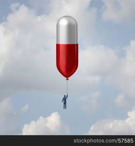 Pharmacy and medication concept as a pharmaceutical industry and biotechnology therapy idea as a patient or scientist floating high with a giant pill balloon as a medical discovery research symbol with 3D illustration elements.