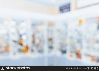 Pharmacy blurred abstract background qualified drug, medicinal product on shelf background. Blurry light tone wallpaper of drugstore’s interior medications displayed on shelves for healthcare concept.. Background of blurred qualified pharmacy abstract background with drugs on shelf