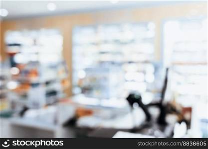 Pharmacy blurred abstract background qualified drug, medicinal product on shelf background. Blurry light tone wallpaper of drugstore&rsquo;s interior medications displayed on shelves for healthcare concept.. Background of blurred qualified pharmacy abstract background with drugs on shelf