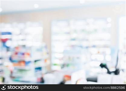 Pharmacy blurred abstract background qualified drug, medicinal product on shelf background. Blurry light tone wallpaper of drugstore’s interior medications displayed on shelves for healthcare concept.