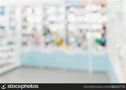Pharmacy blurred abstract background qualified drug, medicinal product on shelf background. Blurry light tone wallpaper of drugstore’s interior medications displayed on shelves for healthcare concept.