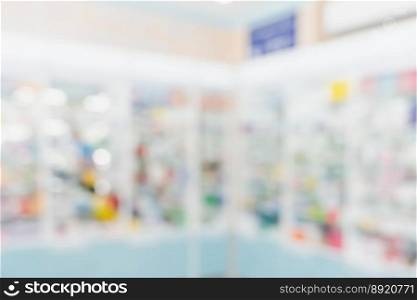 Pharmacy blurred abstract background qualified drug, medicinal product on shelf background. Blurry light tone wallpaper of drugstore&rsquo;s interior medications displayed on shelves for healthcare concept.