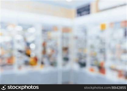Pharmacy blurred abstract background qualified drug, medicinal product on shelf background. Blurry light tone wallpaper of drugstore&rsquo;s interior medications displayed on shelves for healthcare concept.. Background of blurred qualified pharmacy abstract background with drugs on shelf