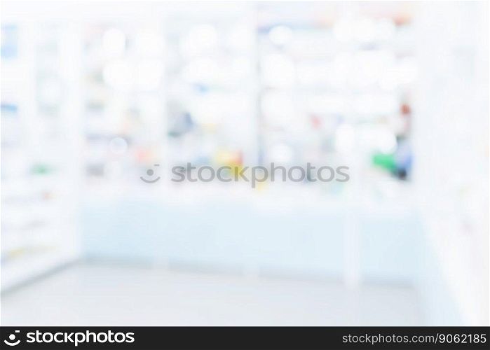 Pharmacy blurred abstract background qualified drug, medicinal product on shelf background. Blurry light tone wallpaper of drugstore’s interior medications displayed on shelves for healthcare concept.. Background of blurred qualified pharmacy abstract background with drugs on shelf