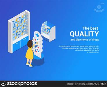 Pharmacy isometric blue background illustrated best quality and big choice of drugs vector illustration