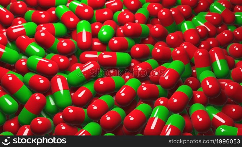 Pharmacy medicine capsule pill in production line at medical factory. Production of medical capsules, tablets, drugs. Pharmaceutical Business Concept. Pharmacy stock bacground. 3d render.. Pharmacy medicine capsule pill in production line at medical factory. 3d render.
