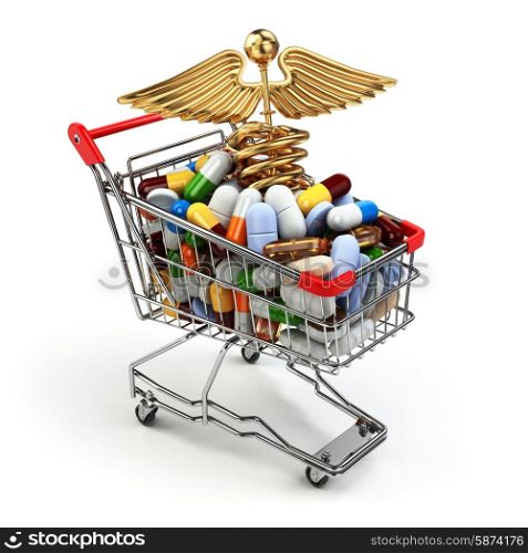 Pharmacy medicine concept. Shopping cart with pills and caduceus symbol. 3d