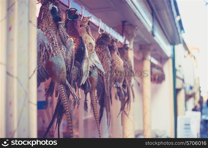 Pheasants hanging outside a butcher&rsquo;s shop