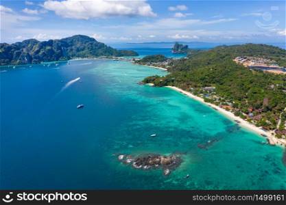 phi phi island and resort and tourist boat at krabi thailand aerial view