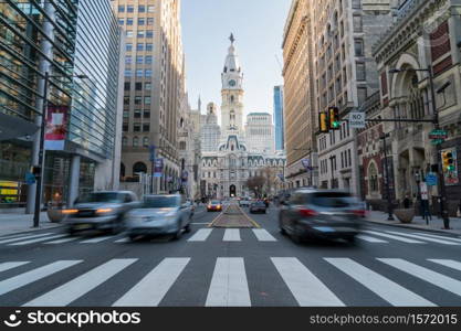 Philadelphia city hall with old building and trafic, Philadelphia, Pennsylvania,United states of America, USA,clock tower, Tourist Architecture and building with tourist concept