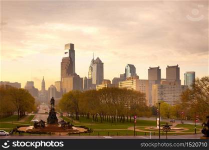 Philadelphia, Pennsylvania, USA - April 24, 2011: Downtown skyline with City Hall on a rainy day.
