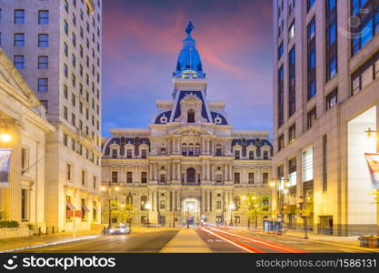 Philadelphia&rsquo;s landmark historic City Hall building at twilight