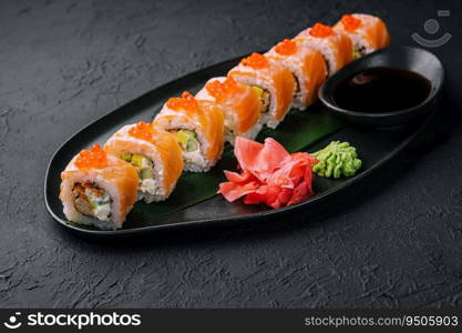 philadelphia sushi with red caviar on plate