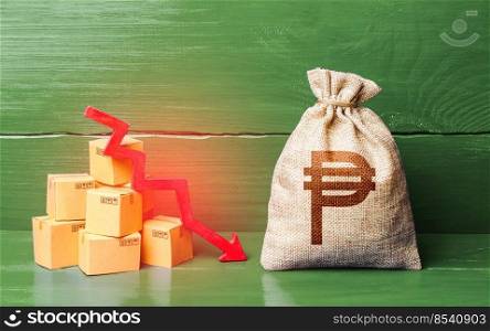 Philippine peso money bag with boxes and down arrow. Income decrease, slowdown and decline of economy. Low sales. Production decline. Reduced transportation prices. Bad consumer sentiment and demand