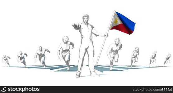 Philippines Racing to the Future with Man Holding Flag. Philippines Racing to the Future