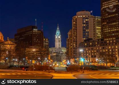 Philladelphia City Hall Clock Tower in Philladelphia, Pennsylvania, USA. Sunset